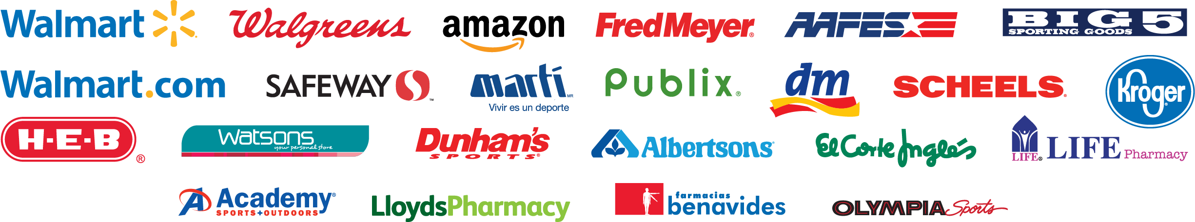 Retailer logos, including Walmart, Walgreens, Amazon, and more