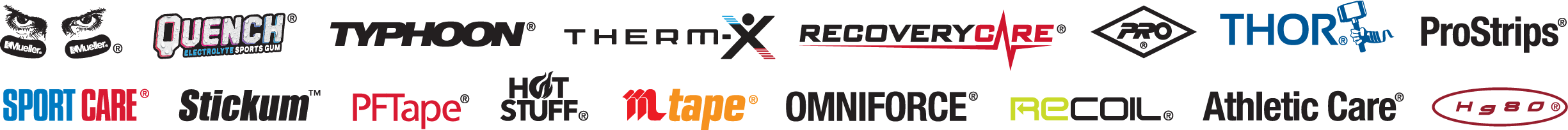 Mueller Sports Medicine Product logos, including Quench, RecoveryCare, and more